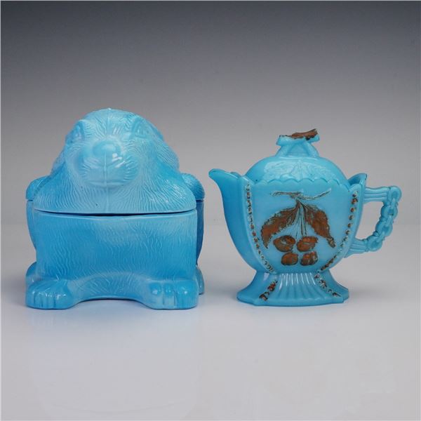 4pc Antique Westmoreland Blue Milk Glass Gilt Lidded Creamer and Candy Dish