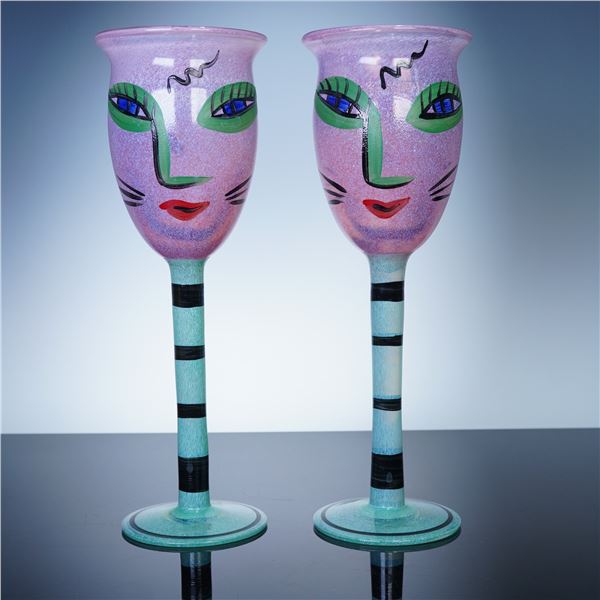 Pair of Kosta Boda Hand Painted Wine Glasses, Open Minds