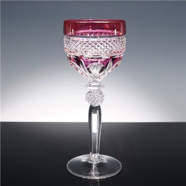 Cranberry Cut to Clear Crystal Wine Glass with Faceted Stem