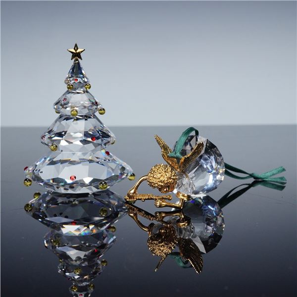 2pc Swarovski Crystal Christmas Tree Figurine and Angel Ornament