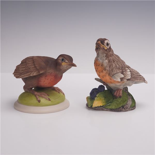 2pc Boehm Porcelain Figurines, Fledging Robin and Baby Robin