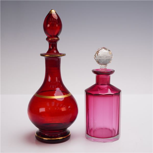 Pair of Cranberry Glass Perfume Bottles with Stoppers