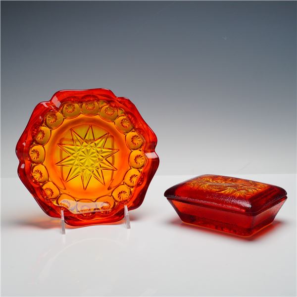 2pc Amberina Glass Candy Dish and Lidded Vanity Box