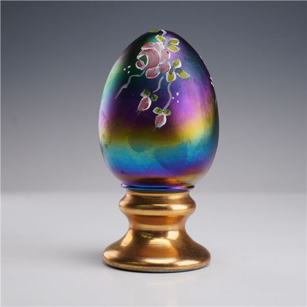 Fenton Art Glass Hand Painted Egg Paperweight with Floral Design