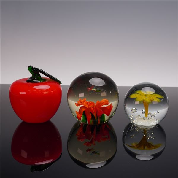 Group of 3 Decorative Art Glass Paperweights- Apple + Red & Yellow Flowers