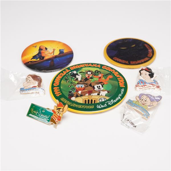 7pc Disney Collectible Buttons and Pins Assortment Featuring 1999 Disneyana