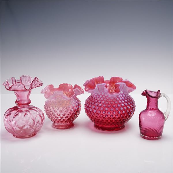 4pc Cranberry Glass Vases and Pitcher