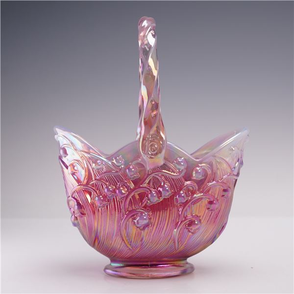 Fenton Iridescent Glass Basket, Lily of the Valley Pattern, Signed