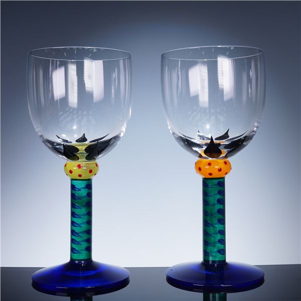 Pair of Kosta Boda Ken Done Coll Wine Glasses, Palm Trees