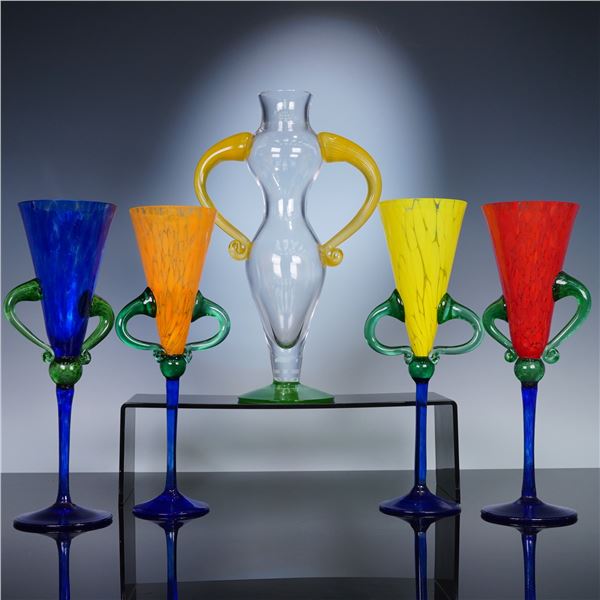 5pc Kosta Boda Art Glass Carafe and Tall Fluted Champagne Glasses