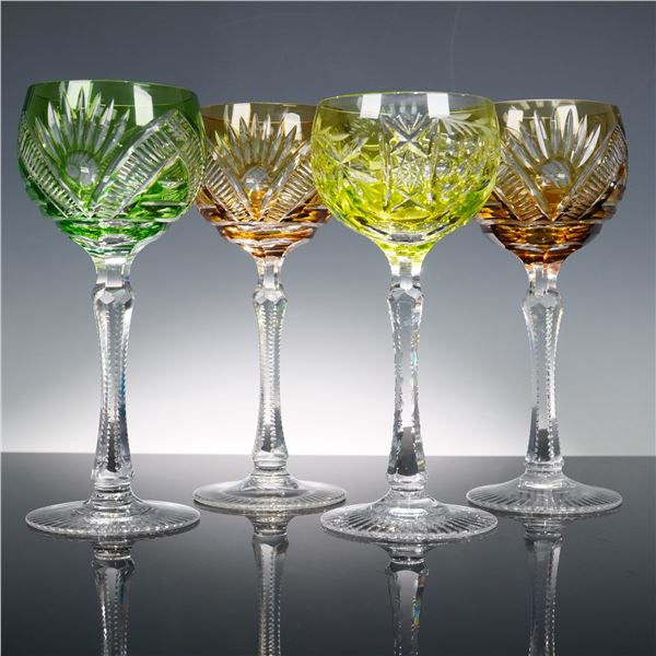 4pc Set of Cut to Clear Crystal Hock Wine Glasses, Assorted Colors
