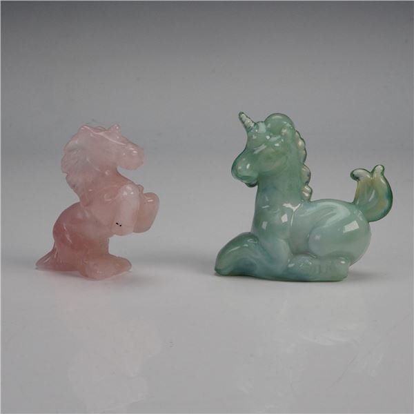 2pc Miniature Figurines Rose Quartz Horse and Green Glass Unicorn