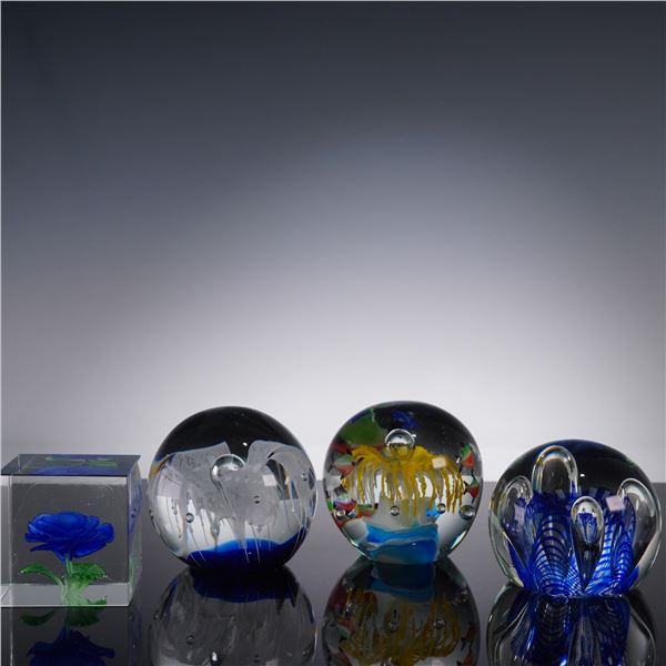 4pc Art Glass Paperweight Collection Round Cube Flower