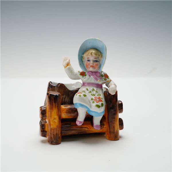 Vintage German Porcelain Girl on Fence Toothpick Holder