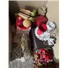 Image 1 : Pair of Leather Top Wood Stools (20x16x18"), Mixed Seasonal Decorations, and Wall Decor