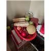 Image 3 : Pair of Leather Top Wood Stools (20x16x18"), Mixed Seasonal Decorations, and Wall Decor