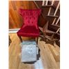 Image 1 : Red Velvet Button Back Sitting Chair, Table Linens and Decorative Star Wall Art