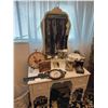 Image 1 : White Mirrored Vanity and Contents: Jewelry, Clocks, Decor Storage, Wool Toque and More