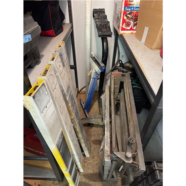 Lot of Metal Saw Horses, Bike Rack Steel Ruler, Folding Work Table and Fold Out Ramp