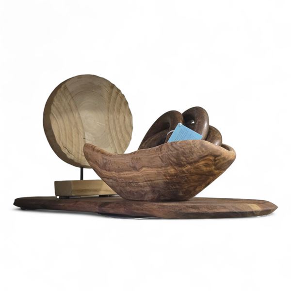 Set Decoration Lot Home Decor:  Wooden Charcuterie Board, Rings, Burl Bowl, and Wood Decorative Art