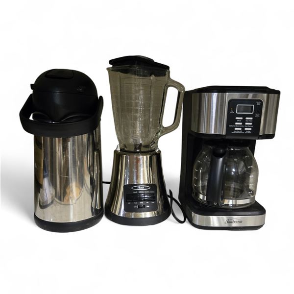 Small Kitchen Appliances; Coffee Urn, Sunbeam Coffee Maker and Oster Blender