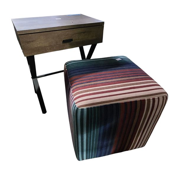 Wood Grain Side Table 18x12x22.5" and Colored Pouf