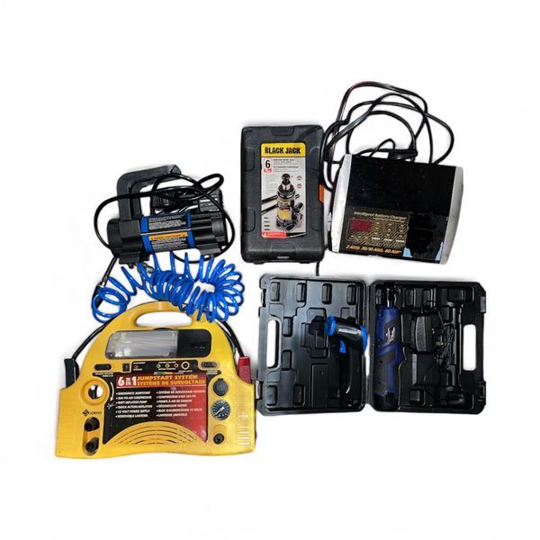 Automotive Lot: Hydraulic Bottle Jack, Air Compressor, Power Ratchet & Jump Starter Kit
