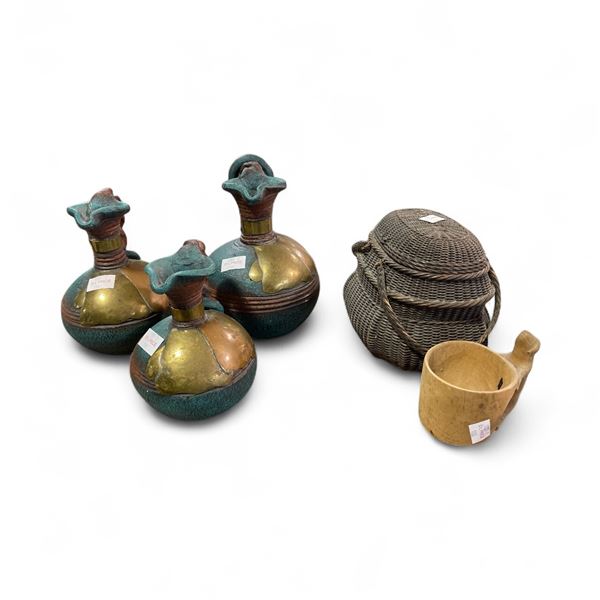 Set of Decorative Pottery Vases with Accents & Woven Basket