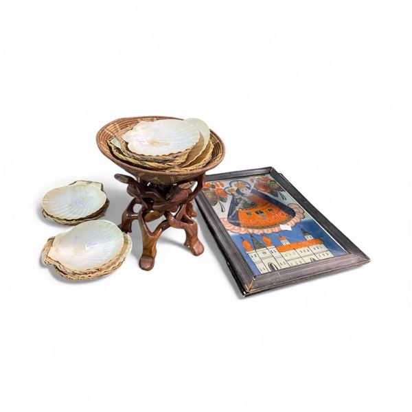 Group of Misc - Wood Decor w/Basket, Shells, Framed Pictures, Etc.