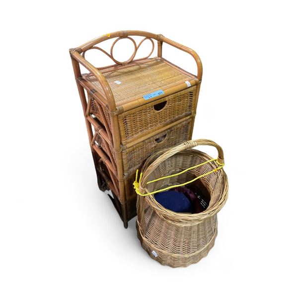 Wicker Furniture & Basket Set - Rattan 3-Drawer Storage Tower with Matching Woven Baskets