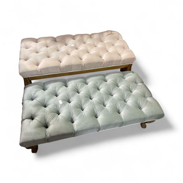 Pair of Tufted Velvet Benches - Sage Green & Champagne Beige with Wooden Legs