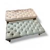Image 1 : Pair of Tufted Velvet Benches - Sage Green & Champagne Beige with Wooden Legs