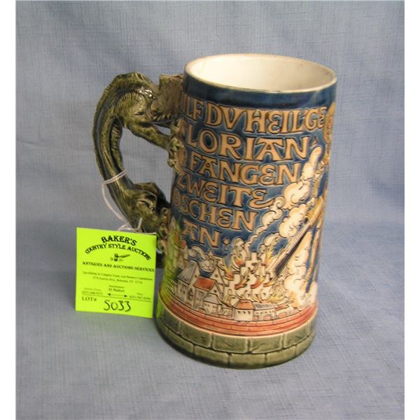 Early German beer stein with dragon handle