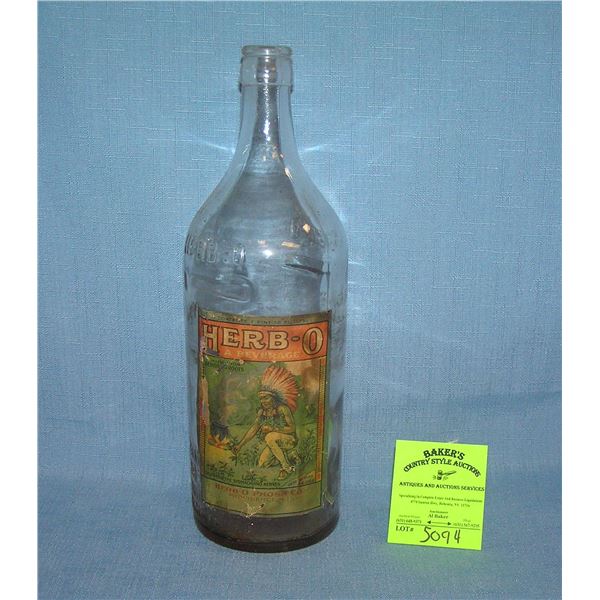 Antique Herb-o beverage bottle with Indian chief label