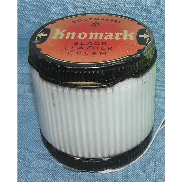 Early milk glass boot makers black leather cream bottle