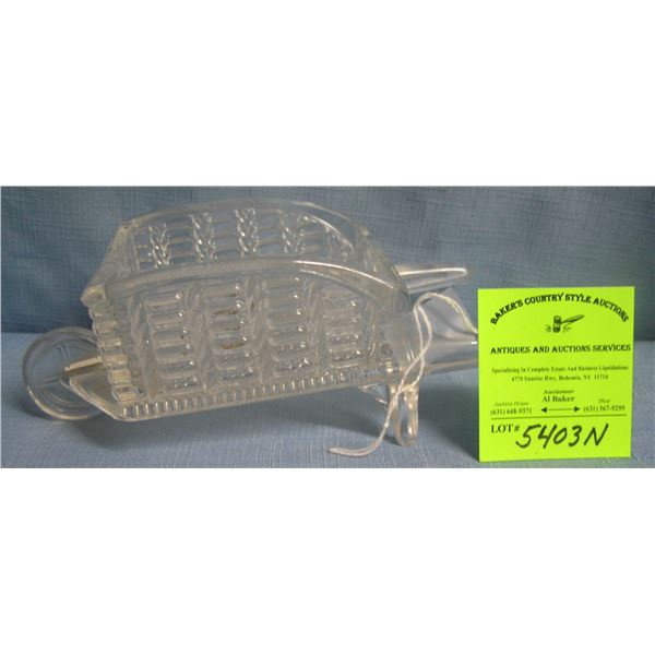 Early glass farm house wheelbarrow candy container