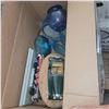 Image 2 : Box w/ Contents - Vtg Blue Glass Dish, Collector Die Cast Cars, Water Fountain