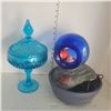 Image 3 : Box w/ Contents - Vtg Blue Glass Dish, Collector Die Cast Cars, Water Fountain