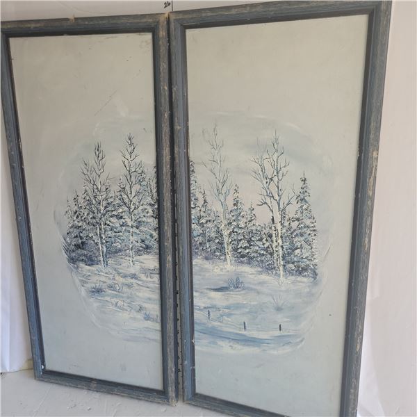 Unitque Pair of Vintage Original Acrylic on Canvas Paintings