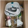 Image 8 : Box w/ Contents - 2 Irons, Leather Care Kit, Foot Bath +