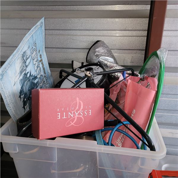Clear Tote No Lid w/ Contents - Tin Sign, Drum, Tambourine, Cords, Misc