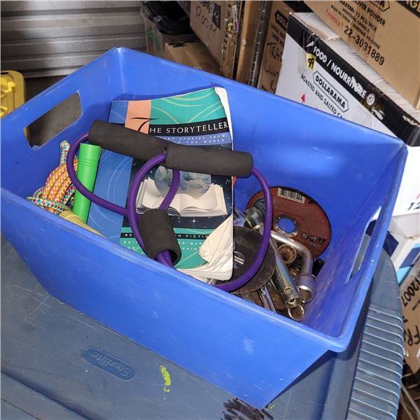 Blue Bin w/ Contents - Skipping Ropes, Cut Off Disks, Sockets Screwdrivers, Tools