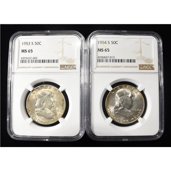1953-S, 54-S FRANKLIN HALF DOLLAR NGC MS65