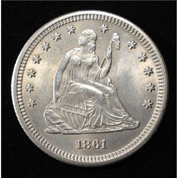 1861 SEATED LIBERTY QUARTER CH/GEM BU