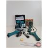 Image 1 : Makita Tools including Hand Saw, Drill, Flashlight & Quick/Driver Drill Set w/Metal Makita Case (9.6