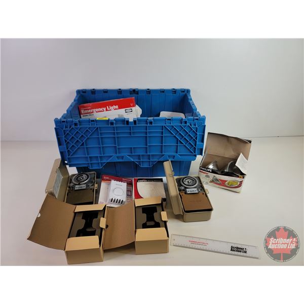 Folding Lid Plastic Tote w/Contents - Timers Switches - Thermostat - Emergency Light - Joist Hangers