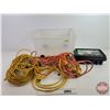Image 1 : Tote Lot w/Extension Cords & Waterproof Socket Box (NOTE : Tote Has Hole) (Tote Measures : 13"H x 22
