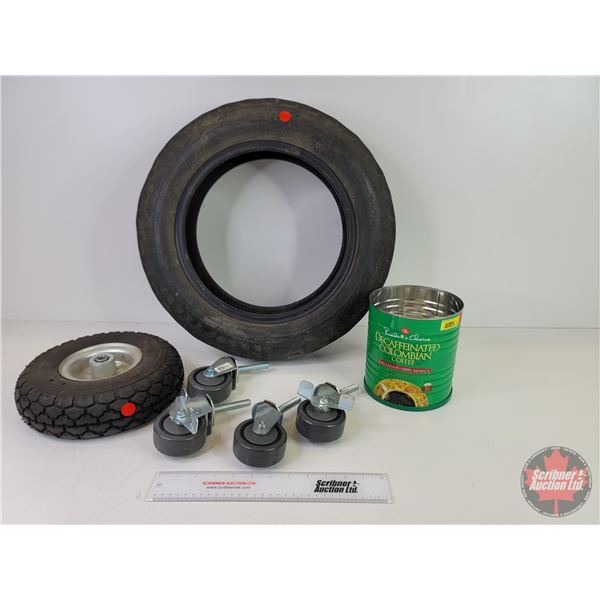 Variety of Wheels : - 3" Swivel Castors (4) - Furniture Dolly Tire w/ Rim - 12" Trailer Tire (Used) 