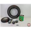 Image 1 : Variety of Wheels : - 3" Swivel Castors (4) - Furniture Dolly Tire w/ Rim - 12" Trailer Tire (Used) 