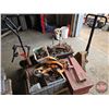 Image 1 : Pallet Lot: Pallet Jack (Missing Wheel); Boomers; Homelite Chainsaw; Hose Fitting; C-Clamp; Tow Stra